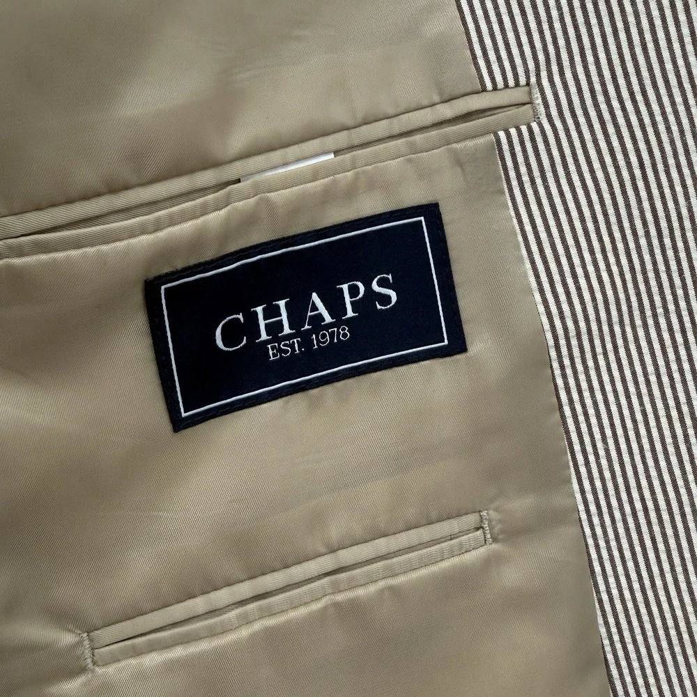 Chaps‎ Men's Seersucker Blazer 46L Brown Stripe Cotton Summer Sport Coat Preppy
